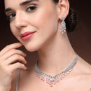 Rhodium Plated Silver Toned Teardrop Shaped Pink & White American Diamond Studded Jewellery Set