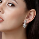 Rhodium Plated with White American Diamond Dual Teardrop Design Drop Earrings