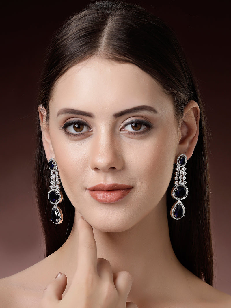 Rhodium Plated with Long Tear Drop Design Blue & White American Diamond Drop Earrings