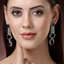 Rhodium Plated with Long Tear Drop Design Blue & White American Diamond Drop Earrings