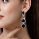 Rhodium Plated with Long Tear Drop Design Blue & White American Diamond Drop Earrings