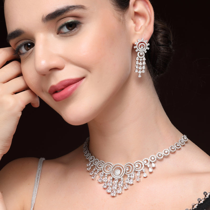 Rhodium Plated Silver Toned Teardrop Shaped White American Diamond Studded Jewellery Set