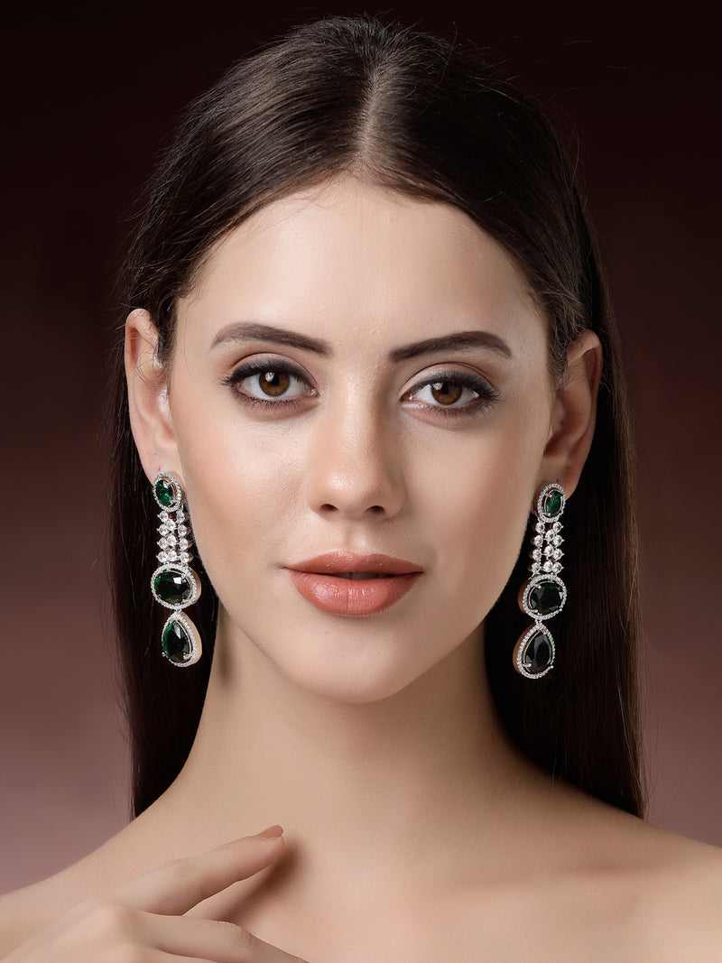 Rhodium Plated with Long Tear Drop Design Green & White American Diamond Drop Earrings