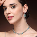 Rhodium Plated Silver Toned Teardrop Shaped Blue Cubic Zirconia Studded Jewellery Set