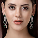 Rhodium Plated with Long Tear Drop Design Green & White American Diamond Drop Earrings