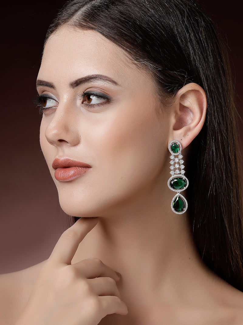 Rhodium Plated with Long Tear Drop Design Green & White American Diamond Drop Earrings