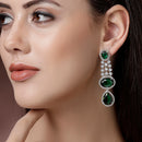 Rhodium Plated with Long Tear Drop Design Green & White American Diamond Drop Earrings