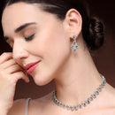 Rhodium Plated Silver Toned Teardrop Shaped Blue Cubic Zirconia Studded Jewellery Set