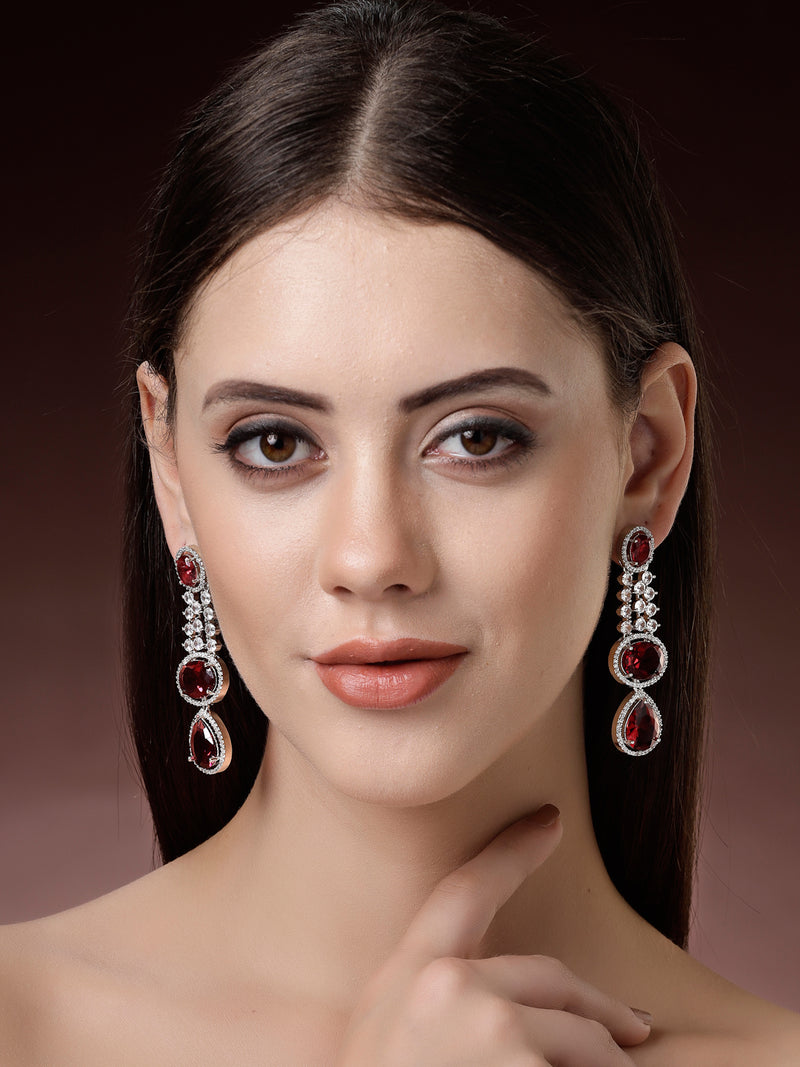 Rhodium Plated with Long Tear Drop Design Red & White American Diamond Drop Earrings