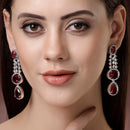Rhodium Plated with Long Tear Drop Design Red & White American Diamond Drop Earrings