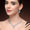 Rhodium Plated Silver Toned Leaf Teardrop Shaped Sea Green & White American Diamond Studded Jewellery Set