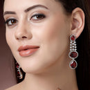Rhodium Plated with Long Tear Drop Design Red & White American Diamond Drop Earrings