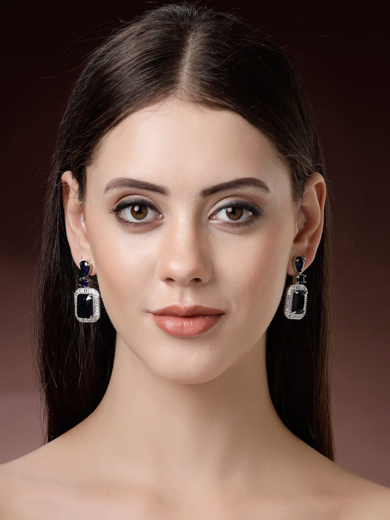 Rhodium Plated Silver Toned with Blue American Diamond Small Drop Earrings