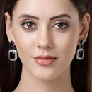 Rhodium Plated Silver Toned with Blue American Diamond Small Drop Earrings