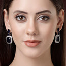 Rhodium Plated Rectangular Shape Blue American Diamond Contemporary Long Drop Earrings