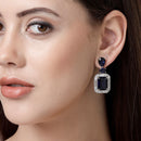 Rhodium Plated Rectangular Shape Blue American Diamond Contemporary Long Drop Earrings
