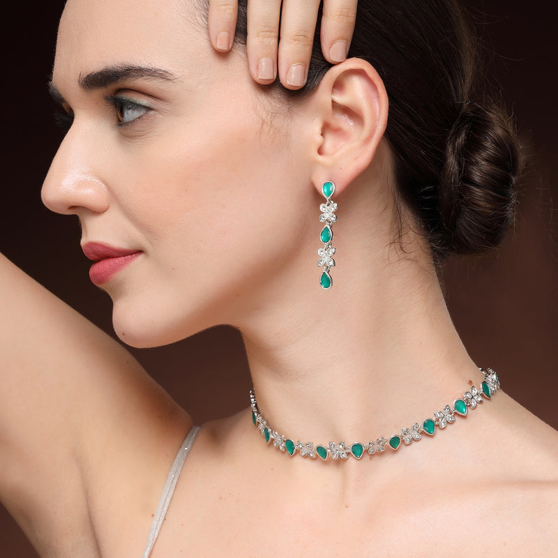 Rhodium Plated Silver Toned Butterfly Shaped Green Cubic Zirconia Studded Jewellery Set