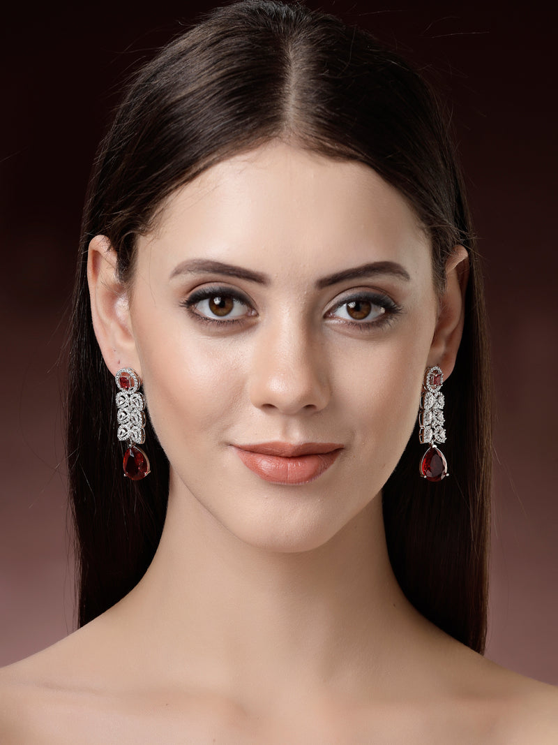 Rhodium Plated Silver Toned with Red American Diamond Small Drop Earrings