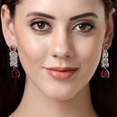 Rhodium Plated Sleek Oval Red American Diamond Contemporary Long Drop Earrings