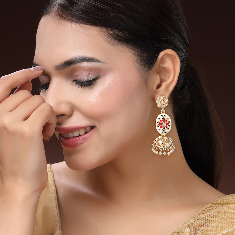 Traditional Gold Plated kundan Studded Pearl Beaded Pink & Green Meenakari Jhumka Earrings