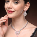 Rhodium Plated Silver Toned Ornate Shaped Pink & White American Diamond Studded Jewellery Set