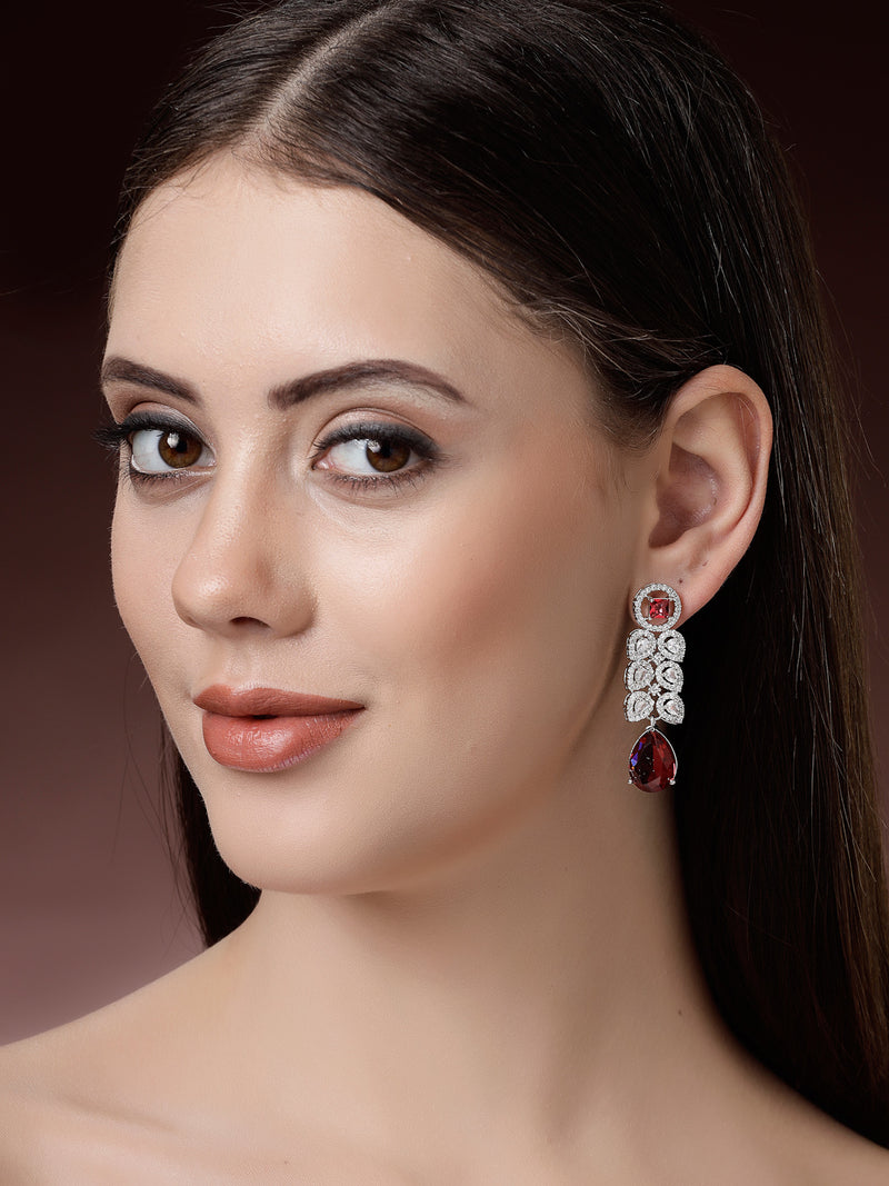 Rhodium Plated Silver Toned with Red American Diamond Small Drop Earrings