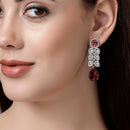 Rhodium Plated Sleek Oval Red American Diamond Contemporary Long Drop Earrings
