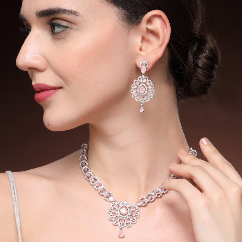 Rhodium Plated Silver Toned Ornate Shaped Pink & White American Diamond Studded Jewellery Set