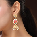 Traditional Gold Plated kundan Studded Pearl Beaded Pink & Green Meenakari Jhumka Earrings
