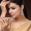 Oxidised Silver Toned Dome Shaped Blue CZ Studded Pearl Beaded Jhumkas Earrings