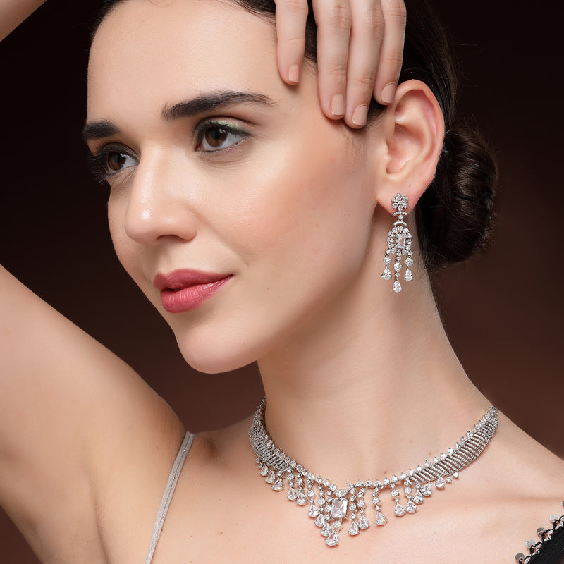 Rhodium Plated Silver Toned Teardrop Shaped White American Diamond Studded Jewellery Set