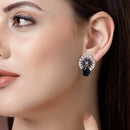 Rhodium Plated with Blue & White American Diamonds Circular Shaped Stud Earrings