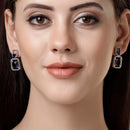 Rhodium Plated with Blue American Diamond Stylish Square Shaped Small Drop Earrings