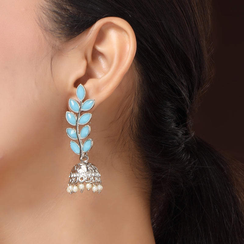 Oxidised Silver Toned Dome Shaped Blue CZ Studded Pearl Beaded Jhumkas Earrings