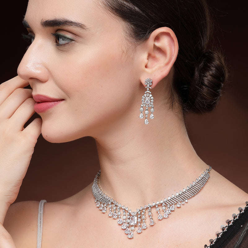 Rhodium Plated Silver Toned Teardrop Shaped White American Diamond Studded Jewellery Set