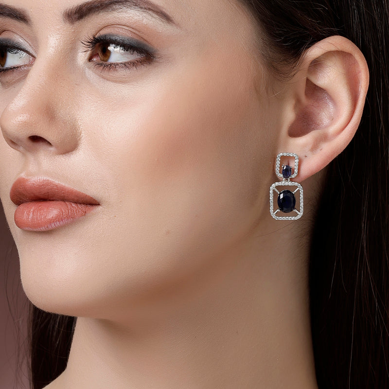 Rhodium Plated with Blue American Diamond Stylish Square Shaped Small Drop Earrings