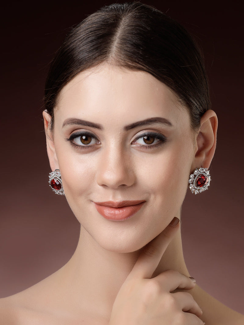Rhodium Plated Round Floral Design with Red & White American Diamond Stud Earrings