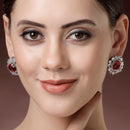 Rhodium Plated Round Floral Design with Red & White American Diamond Stud Earrings