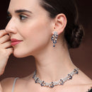 Rhodium Plated Silver Toned Leaf Shaped Blue & White American Diamond Studded Jewellery Set