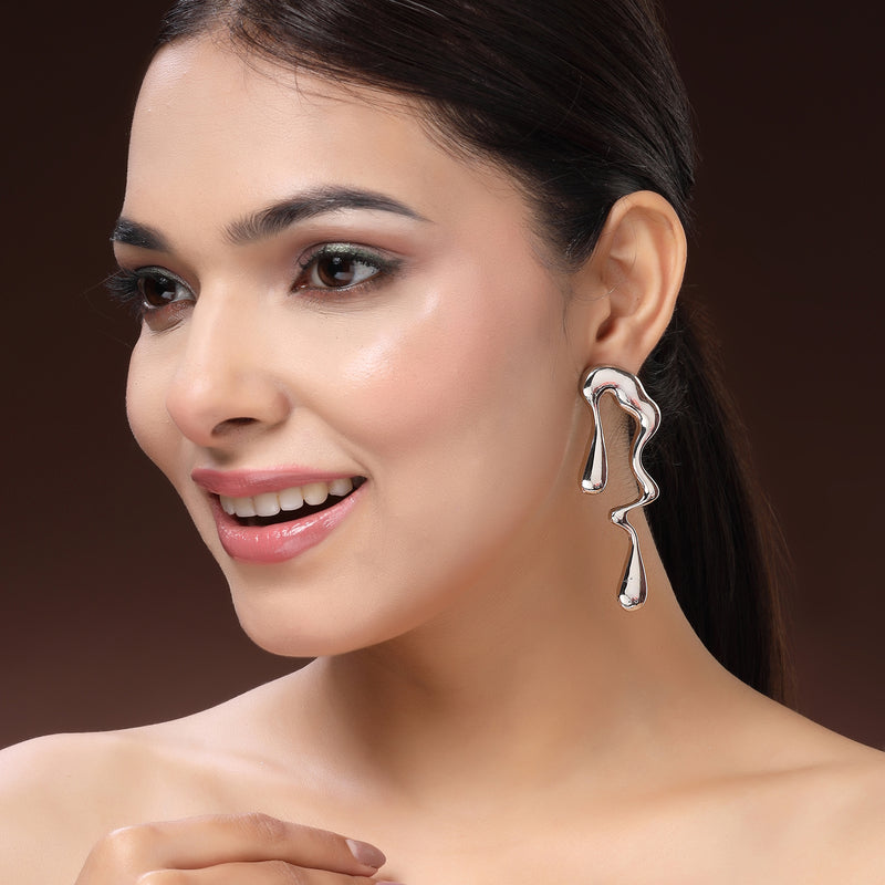 Rhodium Plated Silver Toned Abstract Drip Stylish Earrings