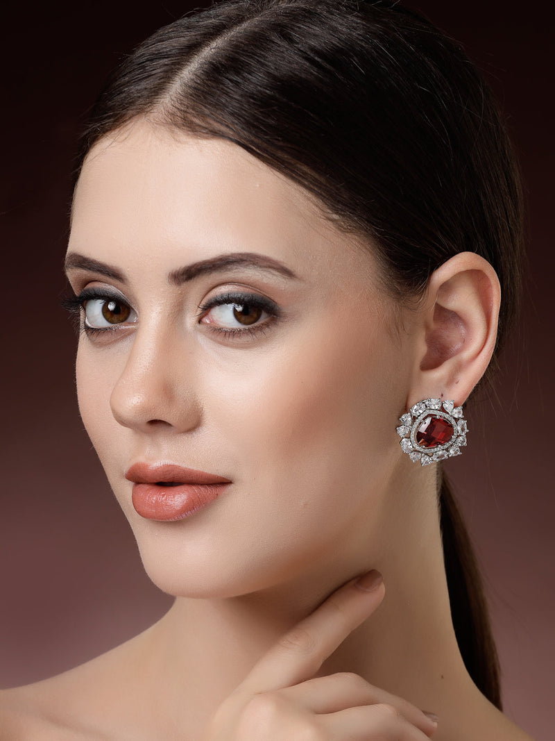 Rhodium Plated Round Floral Design with Red & White American Diamond Stud Earrings