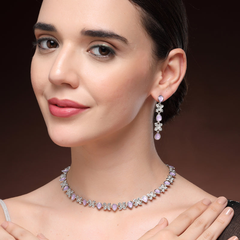 Rhodium Plated Silver Toned Butterfly Shaped Lavender Cubic Zirconia Studded Jewellery Set