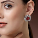 Rhodium Plated Round Floral Design with Red & White American Diamond Stud Earrings