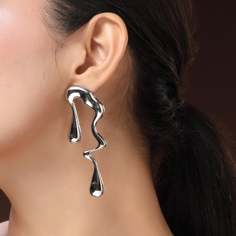 Rhodium Plated Silver Toned Abstract Drip Stylish Earrings