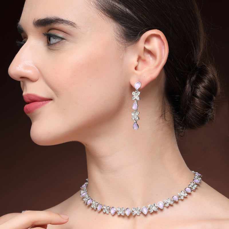 Rhodium Plated Silver Toned Butterfly Shaped Lavender Cubic Zirconia Studded Jewellery Set