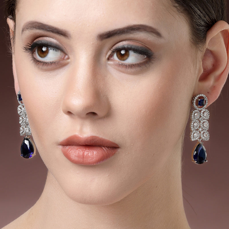 Rhodium Plated Silver Toned with Blue American Diamond Small Drop Earrings