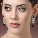 Rhodium Plated Sleek Oval Blue American Diamond Contemporary Long Drop Earrings