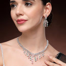 Rhodium Plated Silver Toned Teardrop Shaped Pink & Sea Green American Diamond Studded Jewellery Set