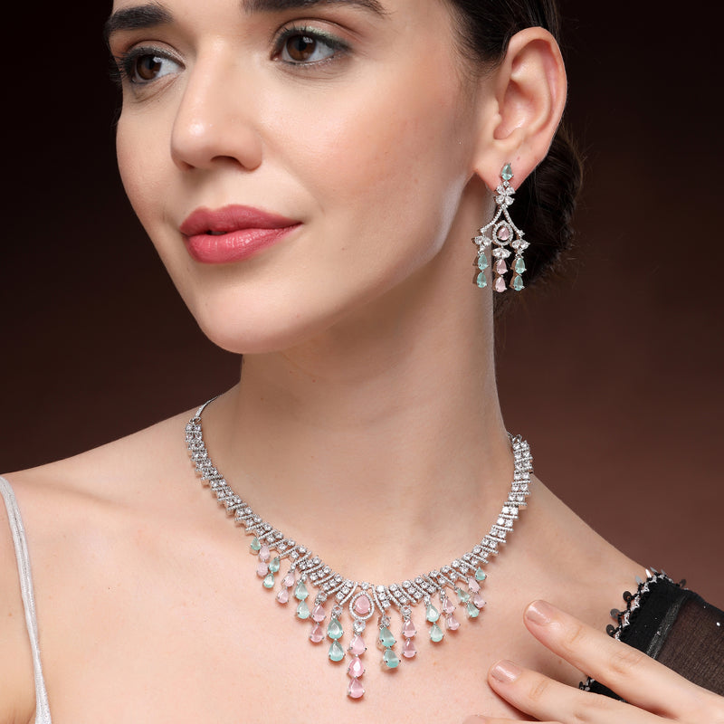 Rhodium Plated Silver Toned Teardrop Shaped Pink & Sea Green American Diamond Studded Jewellery Set