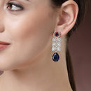Rhodium Plated Sleek Oval Blue American Diamond Contemporary Long Drop Earrings